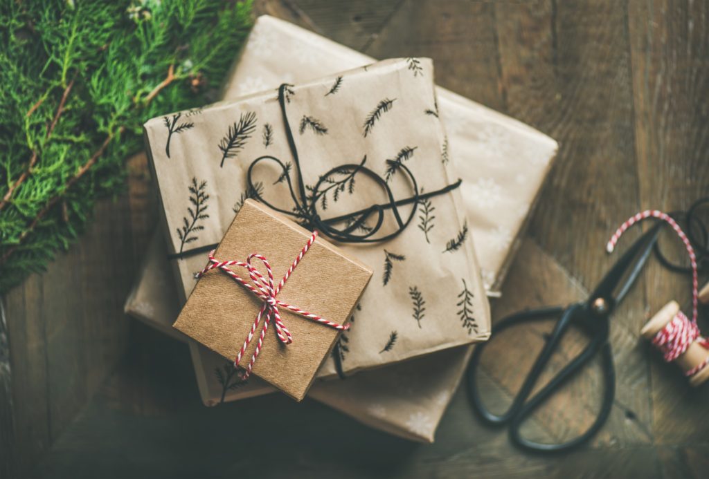 Presents wrapped in handmade paper. 