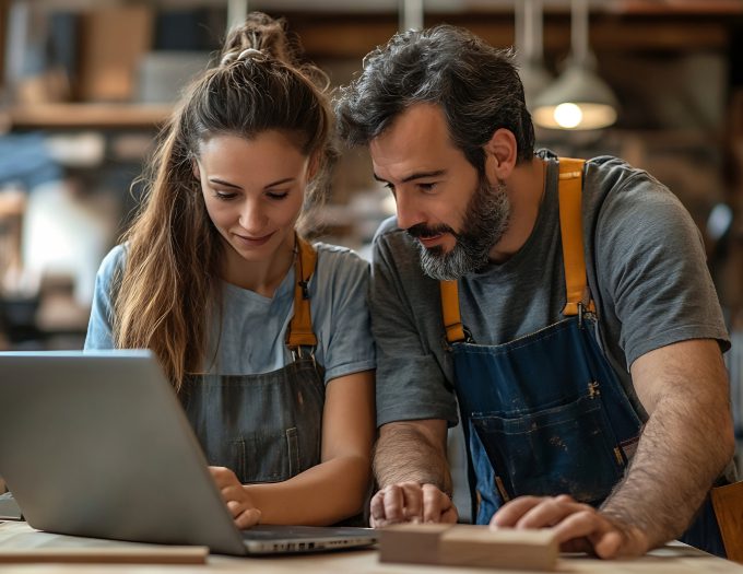 photo of woodworkers in shop working on computer